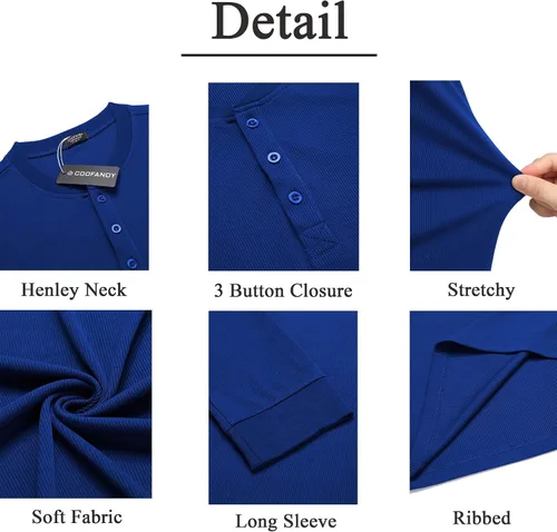 Vista 36 de COOFANDY Camisas Henley de manga larga para hombre, camisetas elásticas acanaladas, camisetas básicas casuales de moda