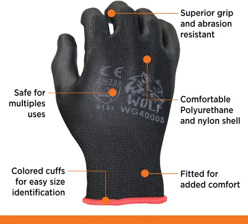 Vista 4 de WOLF Guantes de trabajo con palma recubierta de poliuretano y carcasa de nylon, para construcción, mecánica, almacén, trabajo de jardinería, trabajo