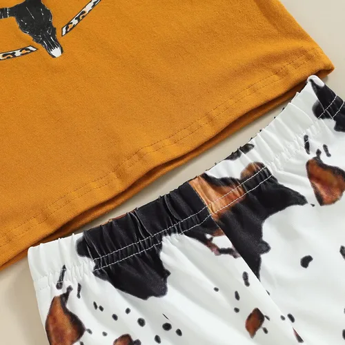 Vista 90 de fhutpw Conjunto de camiseta de manga corta con estampado de vaca y pantalones acampanados de dibujos animados para niñas