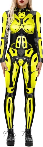 Vista 14 de Enterizo de mujer con estampado de esqueleto de robot mecánico 3D para Halloween, disfraz de cosplay