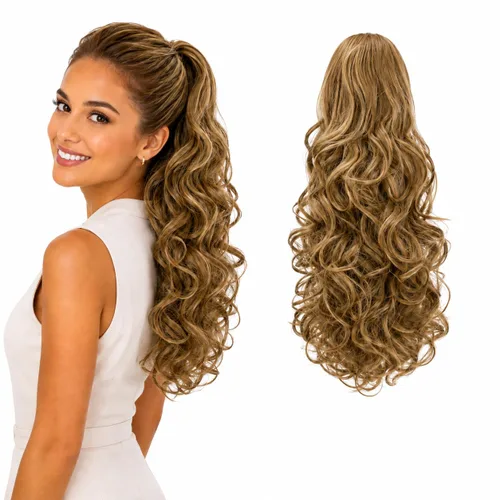 Vista 21 de CAISHA Extensiones de cola de caballo de 18 pulgadas, voluminosas, onduladas, marrón ceniza, mezcla de rubio claro PH35