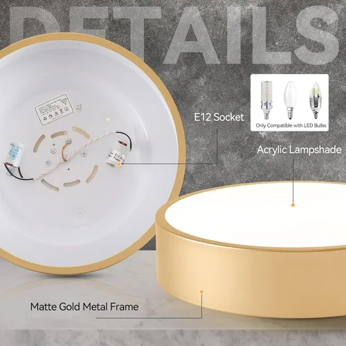 Vista 2 de Moderna lámpara de techo de montaje empotrado dorada, luces de techo redondas contemporáneas de 2 luces con pantalla de acrílico blanco
