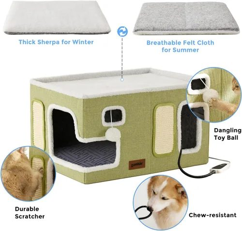 Vista 5 de ZOMISIA Casa térmica para gatos de interior – Cama grande de calentamiento para gatos para invierno con bola esponjosa colgante y almohadilla