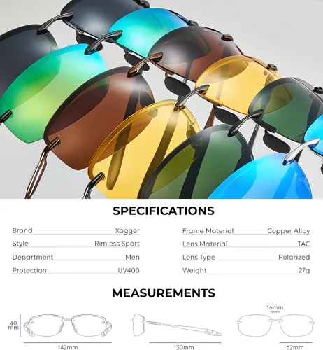 Vista 6 de Xagger Gafas de sol polarizadas para hombre, marco de metal sin montura UV400, protección solar