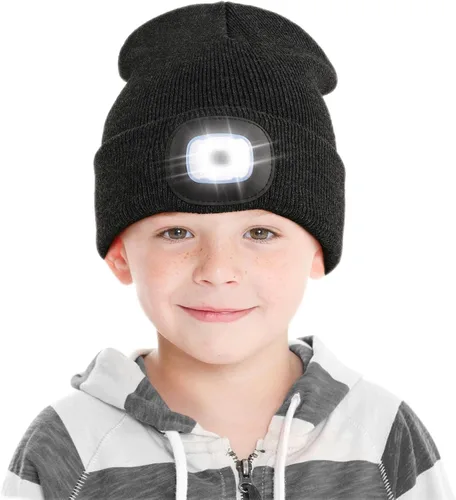 Vista 12 de Gorro LED para Niños, Unisex Gorro con Linterna Frontal Recargable de Invierno con Luz Nocturna, Regalos para Niños y Niñas Naranja