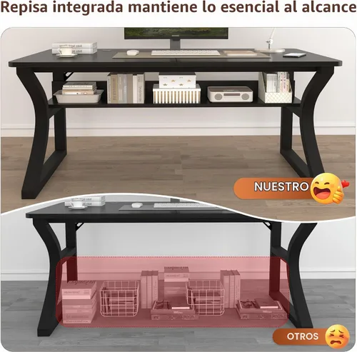 Vista 3 de StarGraph Escritorio para computadora, 47 y 55 pulgadas, parte superior de MDF con patas de metal en forma de U, estilo moderno, rectangular