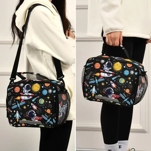 Vista 5 de MNSRUU Bolsa de almuerzo con aislamiento de astronauta espacial para mujeres, lonchera para hombre, con correa ajustable para el hombro, bolsa