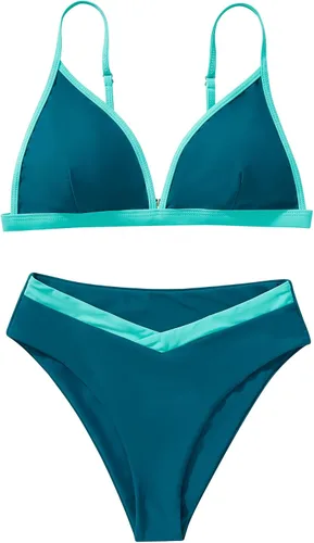 Vista 3 de SUUKSESS Conjunto de bikini triangular de corte alto para mujer, traje de baño sexy de cintura alta de 2 piezas
