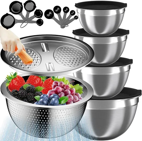 Vista 8 de Juego de cuencos para mezclar con tapas herméticas, 4 cuencos de acero inoxidable anidados y colador, organizadores de cocina y almacenamiento