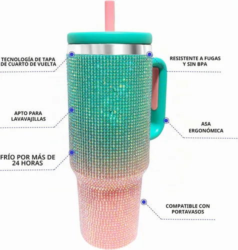 Vista 5 de Botella de agua aislada de 40 onzas, vaso de acero inoxidable Aqua Pink - Diamante