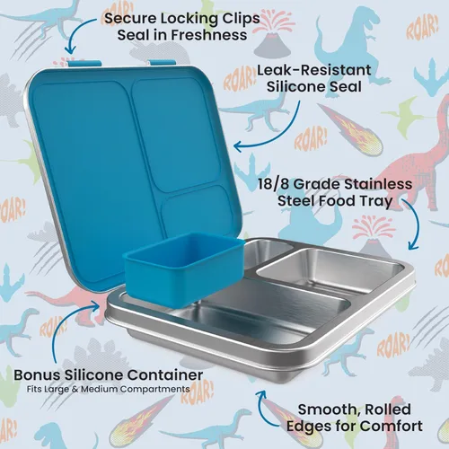 Vista 6 de Bentgo Kids Prints - Lonchera de acero inoxidable con 3 compartimentos Recipiente de silicona para niños de más de 3 años, duradero, sin olor