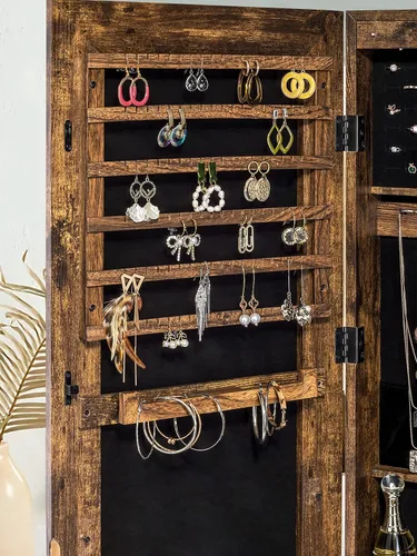 Vista 5 de YOKUKINA Armario de espejo de joyería, organizador de almacenamiento grande con luz LED, armario con cerradura para colgar en la puerta o montar