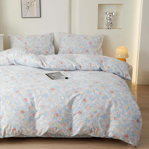 Vista 21 de HighBuy Juego de funda de edredón vintage con volantes y estampado de rayas francesas, 100% algodón con cierre de cremallera, juego de ropa de cama