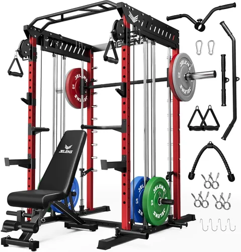 Vista 13 de JELENS M21 - Máquina Smith, jaula de potencia multifunción con sistema de cruce de cable de polea doble, banco de sentadillas todo en uno de 907 kg