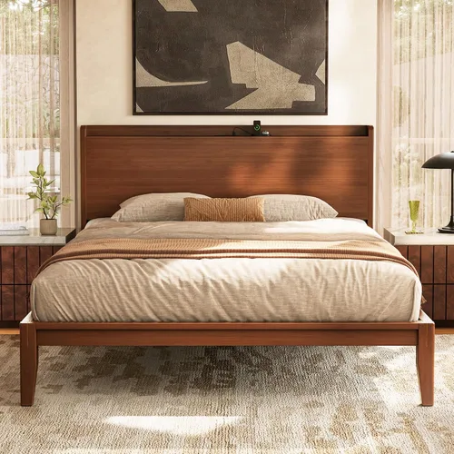 Vista 11 de PRAISUN Marco de cama Queen de madera de bambú con estación de carga y Espresso