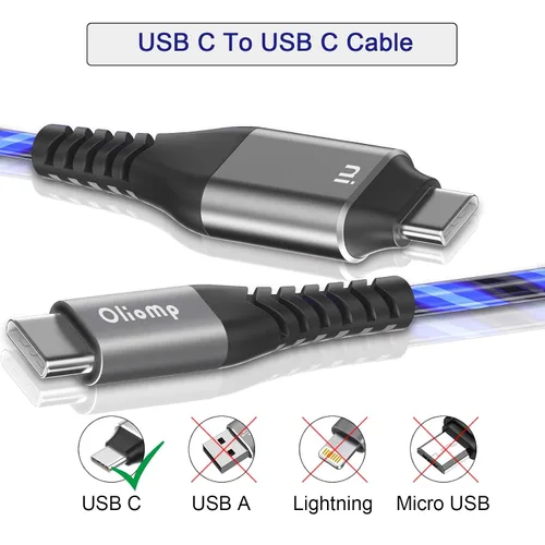 Vista 2 de Cable LED USB C a C de 6 pies 60 W 3A de carga rápida para iPhone15/15Pro/15Plus/15ProMax/iPad Pro2022/Air, Samsung S23 (azul)