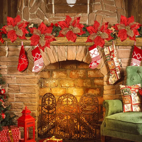 Vista 7 de Juego de 20 flores de pascua de 8.7 pulgadas de ancho, 3 capas de flores de Pascua rojas con purpurina, adornos para árbol de Navidad rojo, coronas