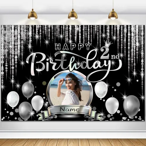 Vista 22 de Cartel de decoración de feliz cumpleaños número 100 personalizado - Personalización disponible - Negro y plateado - Tamaño grande - Admite fotos