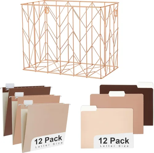 Vista 9 de Y YOMA Organizador de archivos colgantes, tamaño carta, de metal dorado rosa, cesta de almacenamiento para oficina en casa, 1 paquete, con juego