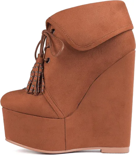 Vista 4 de YODEKS Botas de tacón alto para mujer con cordones y puntera redonda, botas de tacón alto, botas de vestir de fiesta elegante
