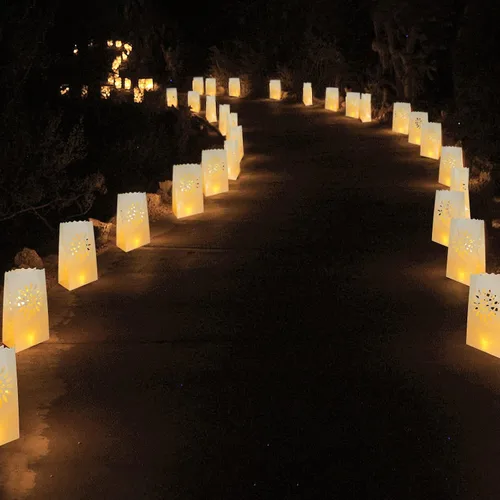 Vista 7 de AceList 30 bolsas luminarias con 30 velas sin llama, velas de té para bodas, cumpleaños, fiestas, decoraciones de Navidad (girasol)