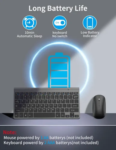 Vista 4 de Combo compacto de teclado y mouse inalámbricos, mini teclado de viaje portátil y mouse silencioso con receptor USB, clic silencioso, tamaño pequeño