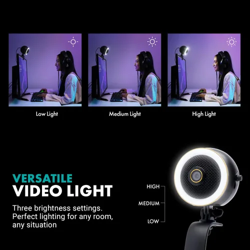 Vista 6 de Movo WebMic HD Pro - Cámara web todo en uno con micrófono y anillo de luz, cámara HD de 1080p, micrófono de condensador cardioide profesional