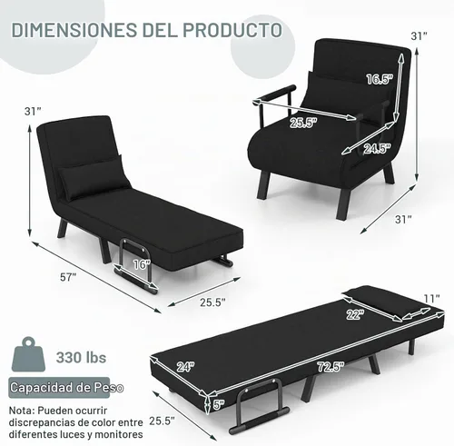 Vista 3 de HOMGX - Sofá cama convertible 4 en 1, reclinable, con respaldo de 6 posiciones ajustables, sofá cama plegable con esponja de alta elasticidad, ideal