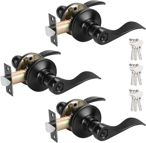 Vista 19 de Probrico Manijas de puerta de entrada de color negro mate con diferentes llaves, manijas de puerta de estilo ondulado para puertas interiores