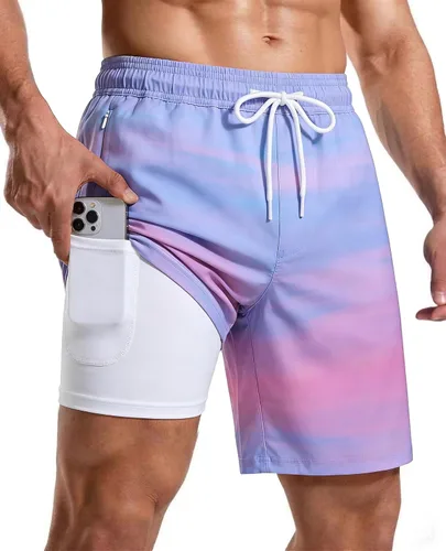 Vista 23 de Bañador para hombre con forro de compresión de 7 pulgadas B-rayas azul-blancas