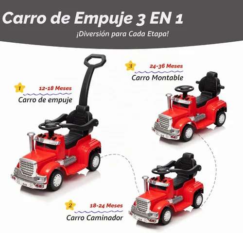 Vista 6 de Outfunny Coche de empuje 3 en 1 para niños pequeños de 1 a 3 años con mango y música Rojo
