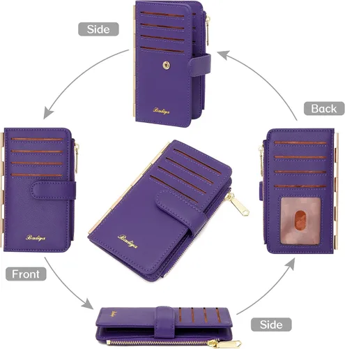 Vista 8 de Badiya Tarjetero de crédito para mujer, con bloqueo RFID, delgada, plegable, con bolsillo con cremallera y 3 ventanas para identificación, Violeta