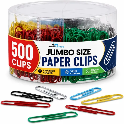 Vista 9 de 1InTheOffice Clip de papel jumbo, clips de papel grandes lisos con revestimiento de vinilo "500 piezas" (brillo surtido)
