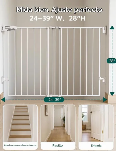 Vista 6 de Babelio Puerta de seguridad para bebés para escaleras, cocina y puertas, sin barra inferior, fácil instalación, operación con una sola mano, cierre