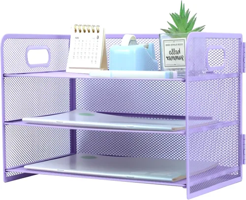 Vista 12 de Organizador de 3 niveles con asa, organizador de archivos de escritorio de malla metálica con bandejas deslizantes, escritorio clasificador de papel