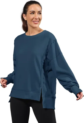 Vista 5 de Nirovien Sudadera de gran tamaño con cuello redondo para mujer, con abertura lateral, manga larga, ajuste holgado