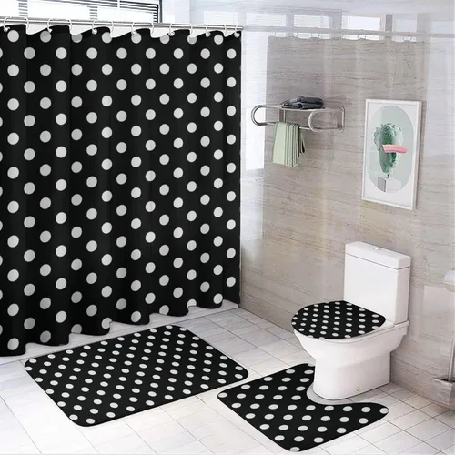 Vista 12 de Juego de 3 alfombras de baño con diseño de lunares, color azul aguamarina, antideslizante, con contorno en forma de U y tapa de inodoro