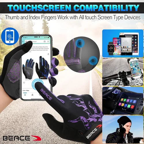 Vista 3 de BEACE Guantes de ciclismo, guantes de ciclismo para hombres y mujeres, con pantalla táctil, guantes de bicicleta de montaña con dedo completo