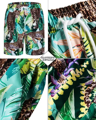 Vista 9 de TUNEVUSE Conjunto de camisas y pantalones cortos hawaianos para hombre, 2 piezas, trajes de playa con estampado de flores, traje tropical de verano
