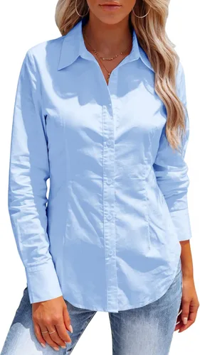 Vista 7 de Button Down Shirts for Women Long Sleeve Dress Shirts Collared Work Wrinkle Free Office Solid Blouses Fitted Tops