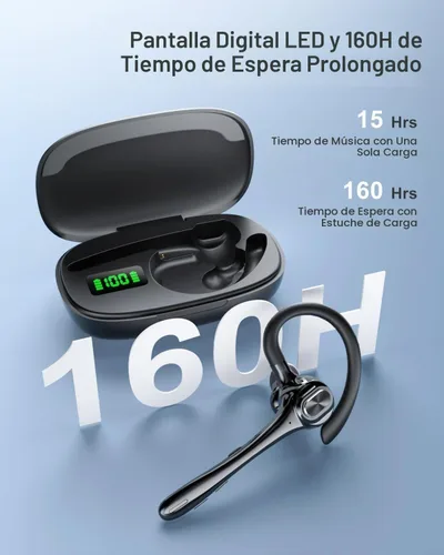 Vista 3 de Auriculares inalámbricos con Bluetooth, auriculares de botón con cancelación de ruido, micrófono manos libres, tiempo de espera de 160H, auriculares