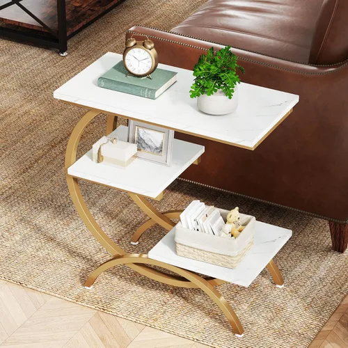 Vista 13 de Tribesigns Mesa Auxiliar en Forma de C, Mesa Auxiliar Industrial Pequeña de 3 Niveles para Sofá, Mesa de Noche de Madera Mesa Auxiliar de Aperitivos