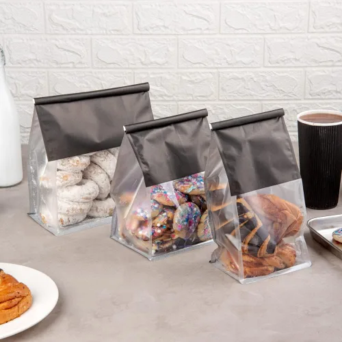 Vista 6 de Restaurantware Bag Tek - Bolsas de lazo de lata de 5.1 x 4.1 x 11.2 pulgadas con ventanas, 100 bolsas resellables con ventanas, parte inferior plana