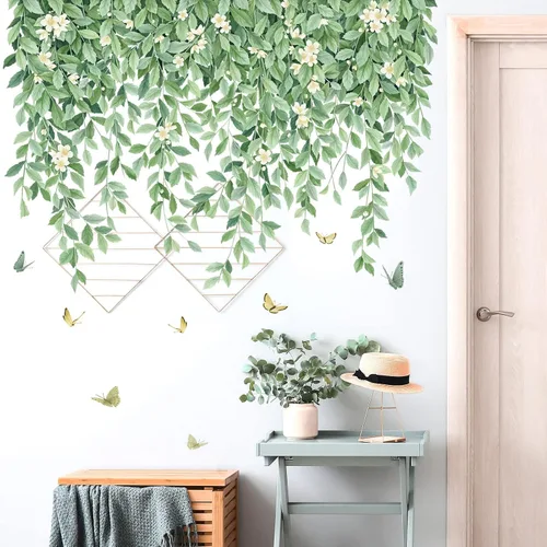 Vista 5 de Calcomanías de pared de hojas verdes, calcomanías de pared de vid colgantes, calcomanías de pared de flores de plantas, mariposas, calcomanías