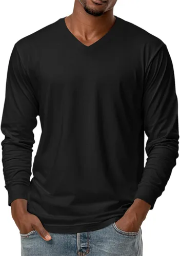 Vista 10 de Camiseta para hombre, manga larga, cuello en V, color liso, informal, básica, suave, elástica, M-3XL