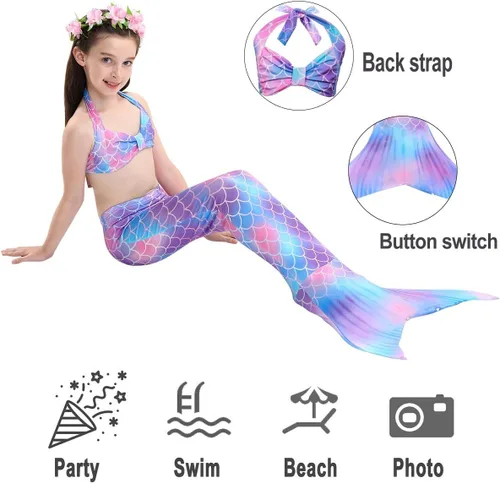 Vista 2 de Traje de baño para niñas con colas de sirena para nadar, traje de baño de princesa con guirnalda