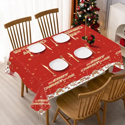 Vista 2 de 3 piezas de mantel de Navidad de 54x108 pulgadas con diseño de hombre de jengibre y casa, mantel rectangular desechable de plástico para Navidad