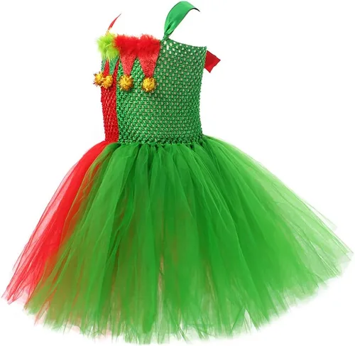 Vista 3 de IBTOM CASTLE Disfraces de elfo para niños, vestido de tul y sombrero verde para niña, ayudante de Papá Noel, sesión de fotos de Navidad