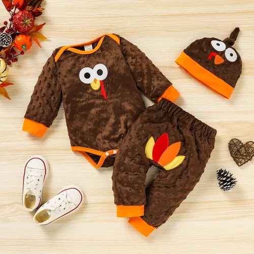 Vista 2 de Viworld Ropa de Acción de Gracias para bebé niño y niña, mameluco de manga larga de pavo para recién nacido, pantalones largos y sombrero, 3 piezas