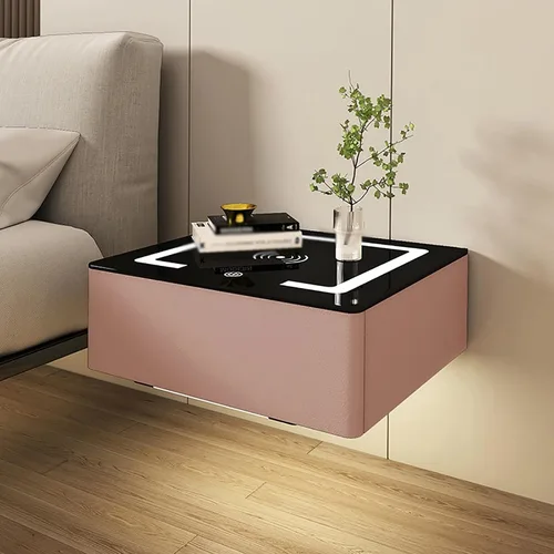 Vista 3 de Moderna mesita de noche flotante con cajón, mesita de noche montada en la pared, mesita de noche inteligente, mesita de noche LED inteligente con 1